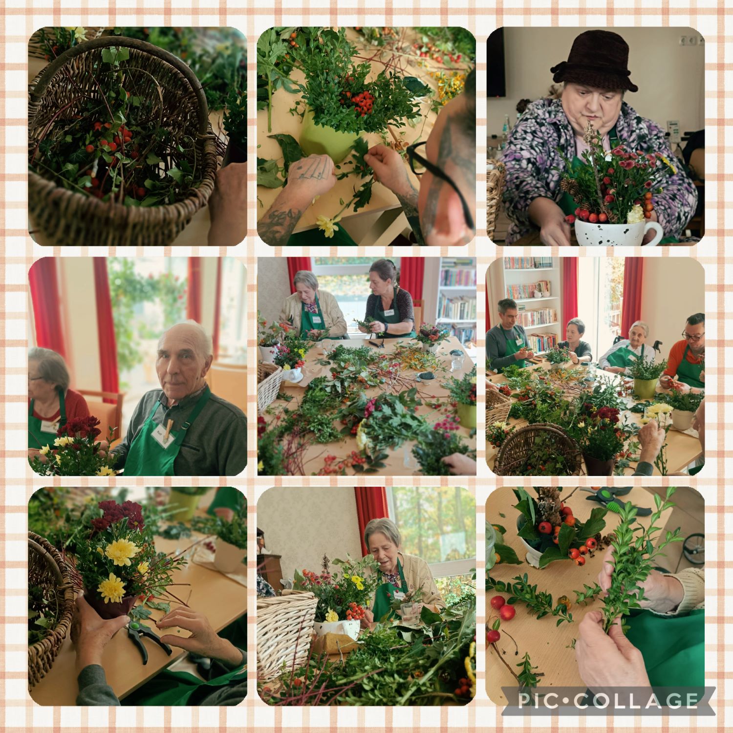 Bildercollage der Gartentherapie, es wurden schöne Gestecke gefertigt